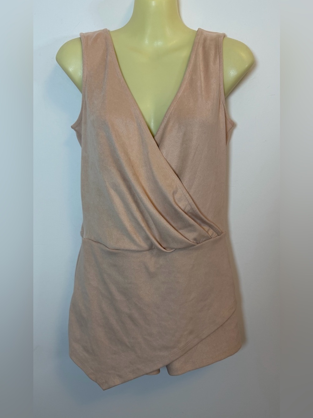 Bebe Sleeveless Blush Faux Suede Wrap Front Romper